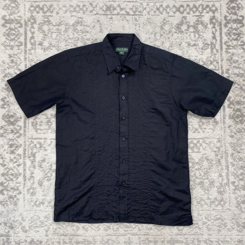 David Taylor Guayabera Shirt Men Casual Short Sleeve Black Shirt Size Medium